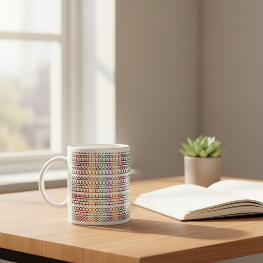 Weiße keramiktasse mit buntem regenbogen-geometrischem muster und sarkastischer botschaft who the f*** cares als büro- und alltagsgeschenk