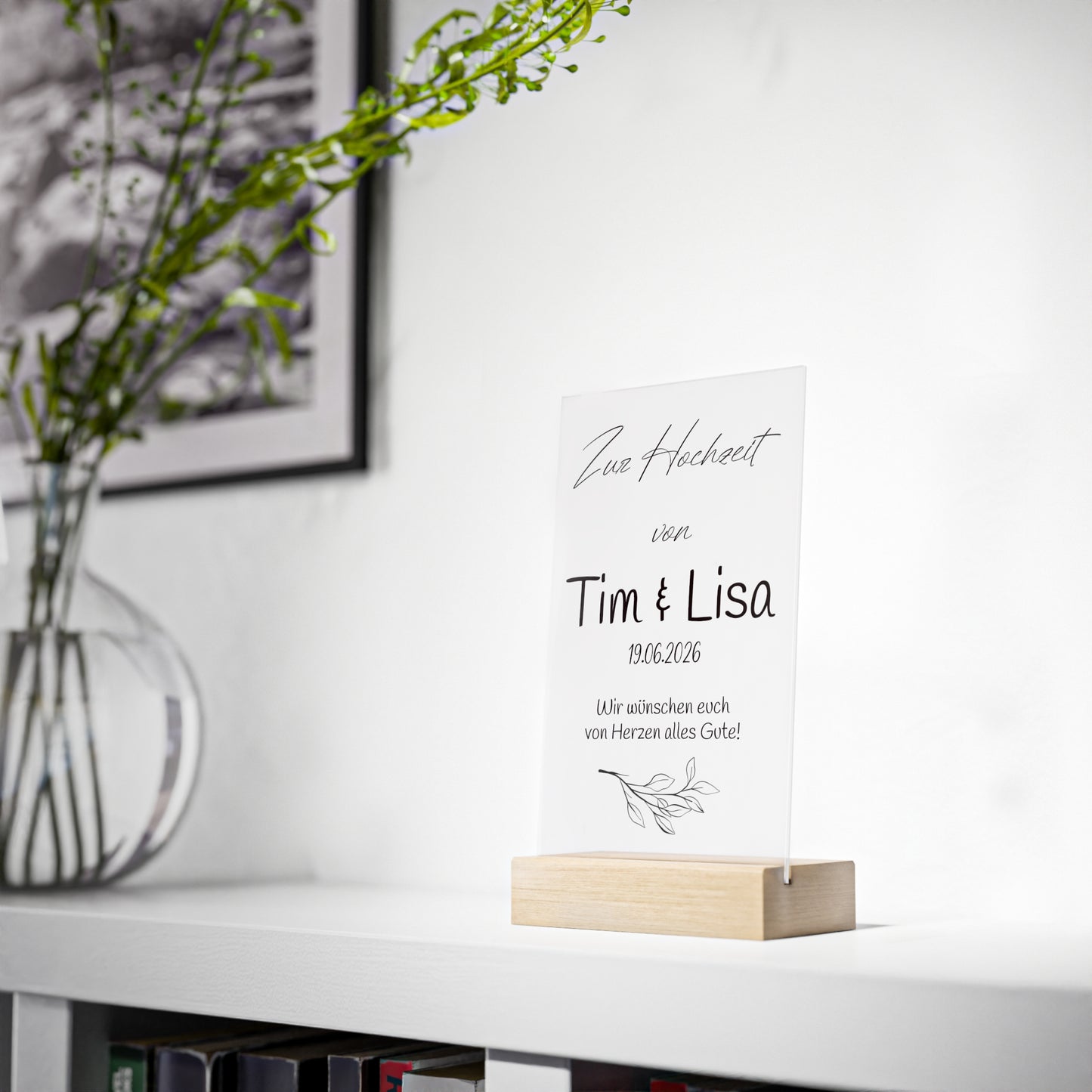 Personalisierte Acryl Tafel zur Hochzeit, mit Holzsockel - Daten Schild zur Hochzeit Geschenk zur Hochzeitsfeier