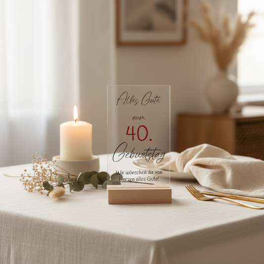Personalisierte klare acryl tafel mit schwarzer und roter kalligraphie alles gute zum 40 auf holzsockel