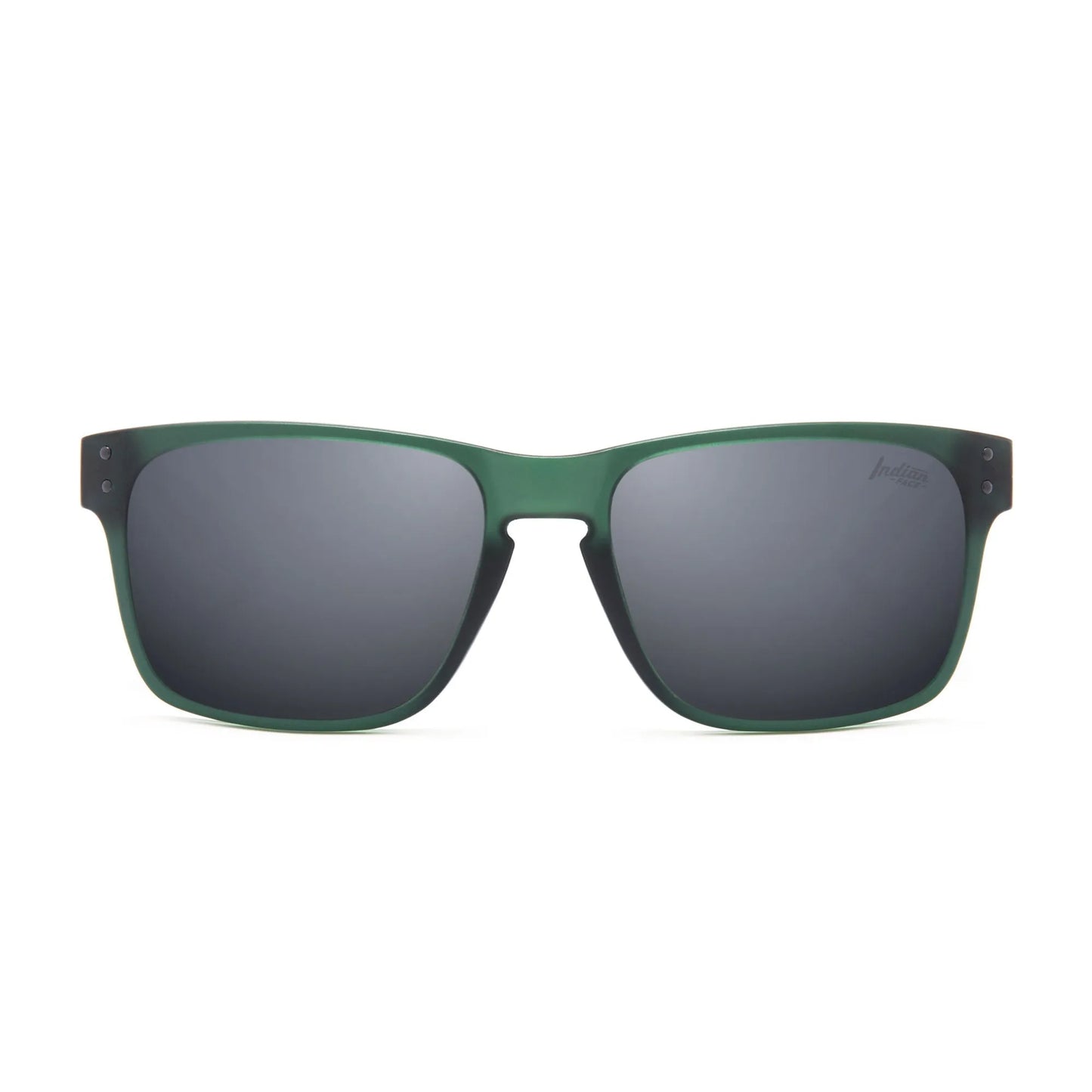 Frontansicht der mattgrünen Sonnenbrille The Indian Face® by INDICOM BRANDS SL, unisex mit klassischem rechteckigen Rahmen und polarisierten HD Linsen, vor weißem Hintergrund.