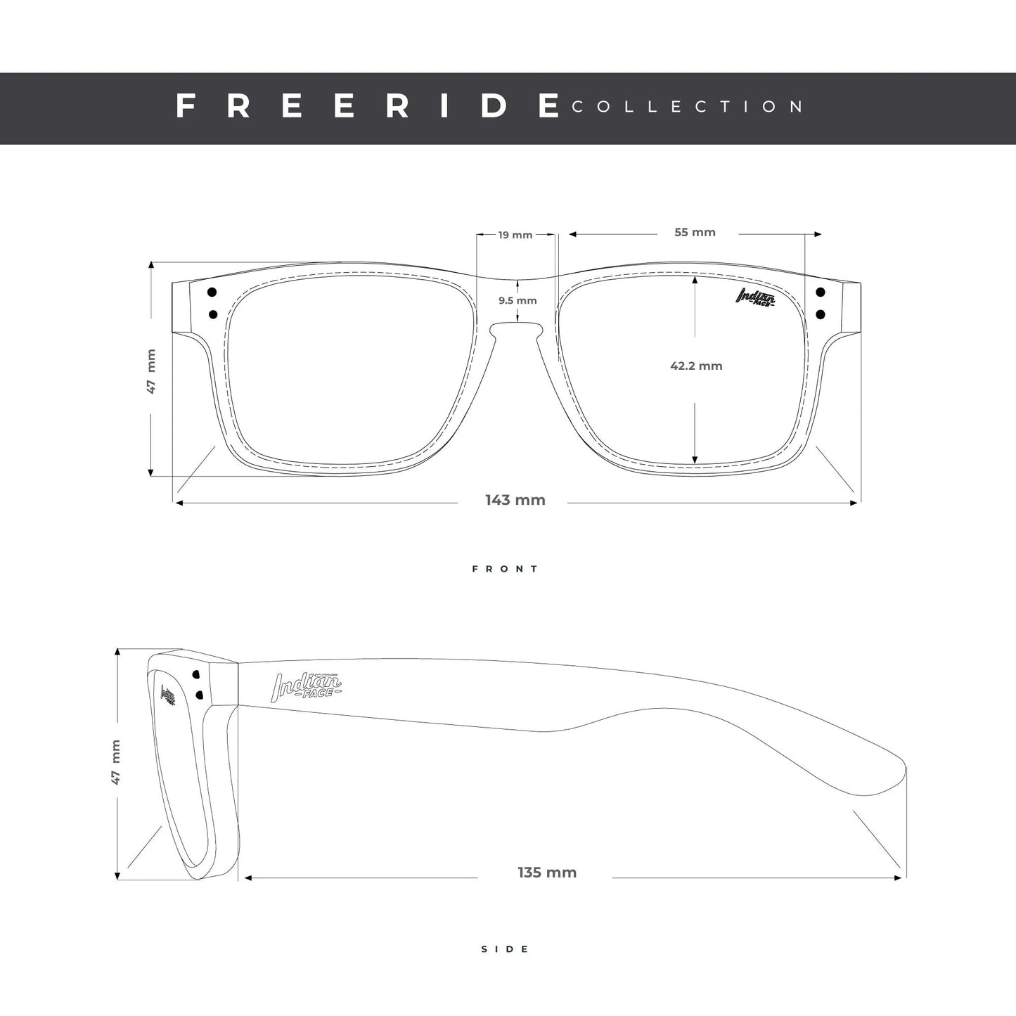 Technische Zeichnung der Sonnenbrille The Indian Face®, grün von INDICOM BRANDS SL, mit Vorder- und Seitenansicht und genauen Angaben in Millimetern für Rahmenbreite, Glasgröße, Bügellänge und polarisierte HD Linsen.