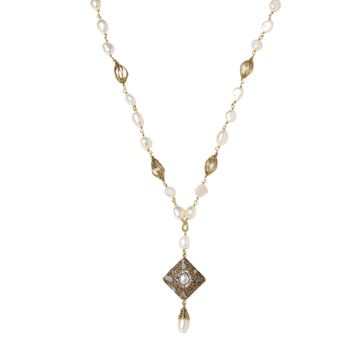Y-shaped necklace with freshwater pearls, gold filigree stations, and ornate diamond-shaped centerpiece with pearl drop