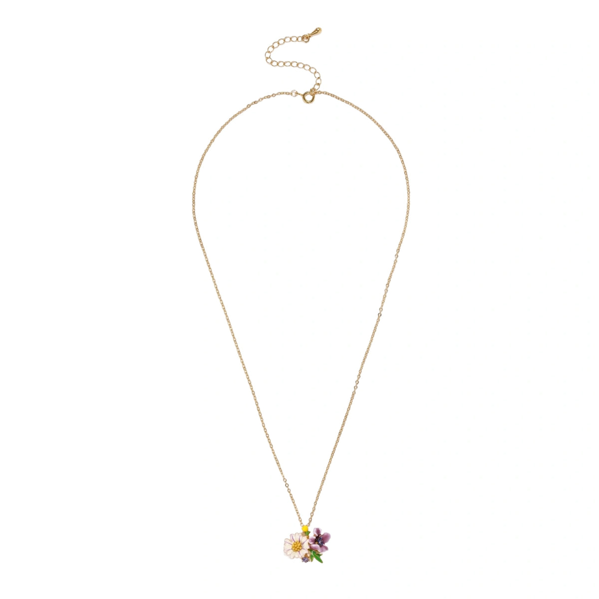 Gold-plated necklace with pink and purple enamel flower pendant featuring crystal accents on cream background