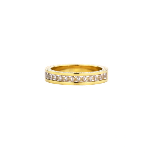 14K gold-plated band with channel-set zirconia and Greek key pattern engraving on polished finish