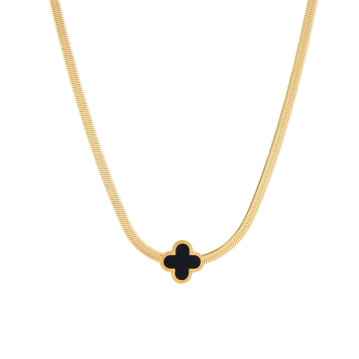 Dainty 18K gold-plated herringbone chain necklace with black enamel quatrefoil clover pendant on white background