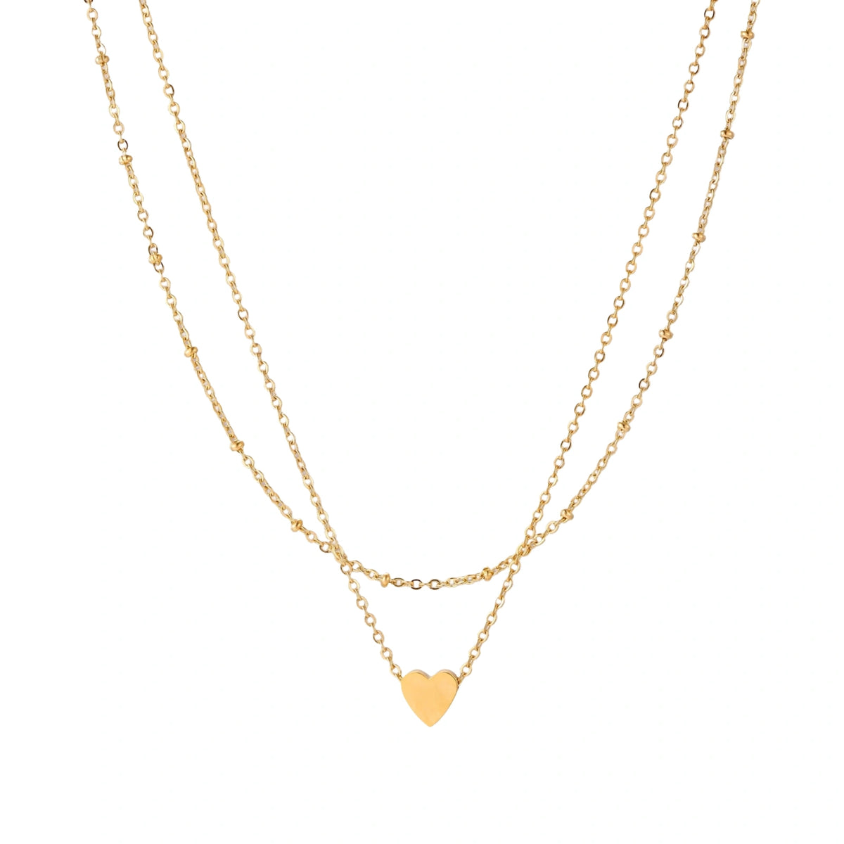 Delicate double-chain gold necklace with tiny heart pendant on cream background