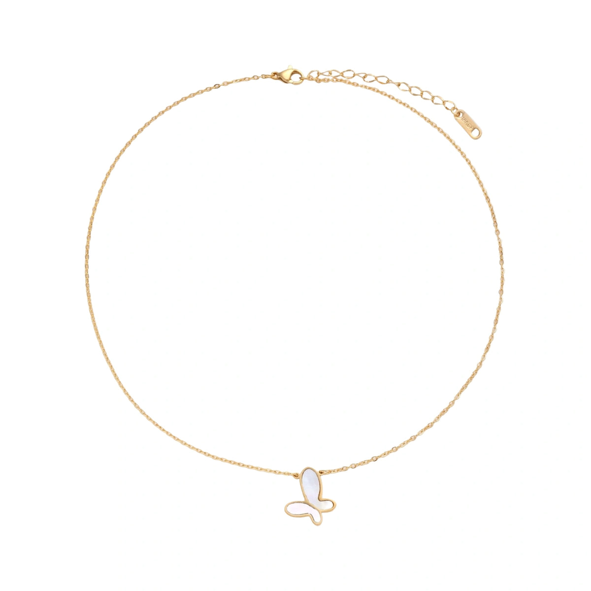 Gold-plated butterfly pendant with iridescent mother of pearl inlay on delicate chain against cream background.