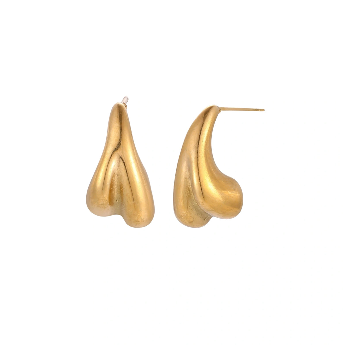 Organic sculptural gold stud earrings with fluid matte finish on cream background