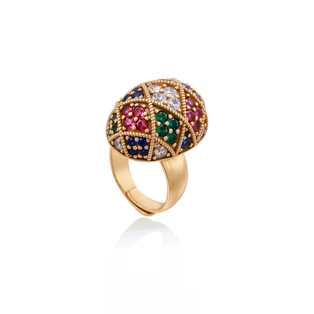 Oversized gold ring with geometric mosaic pattern featuring multicolor zirconia stones in ruby, emerald, sapphire, and clear tones.