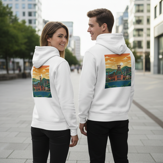 Weißer städte-hoodie mit nachhaltigem reißverschluss und farbiger illustrierter landschaft auf der rückseite