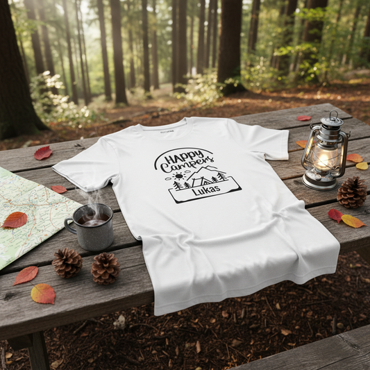 Weißes Baumwollshirt mit schwarzem Happy Campers Grafik und Namen Lukas personalisiertes Camping T-Shirt