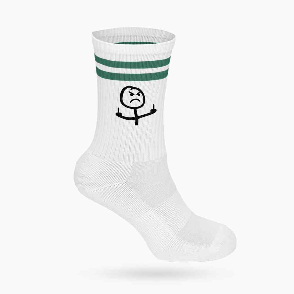 Weiße unisex baumwollsocken mit drei grünen streifen und schwarzem stickmännchen-motiv mit mittelfingergruß