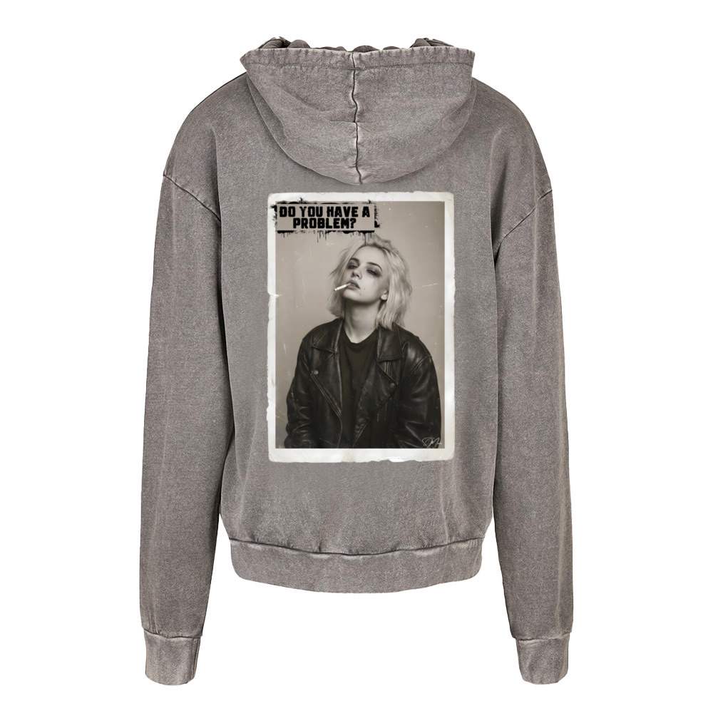 Grauer acid washed oversized hoodie aus 100 prozent baumwolle mit schwarz-weiß grafik einer frau und text do you have a problem