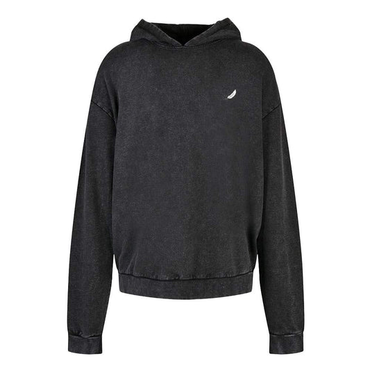 Schwarzer oversized hoodie mit subtiler acid washed textur und weißem federlogo aus 100% baumwolle