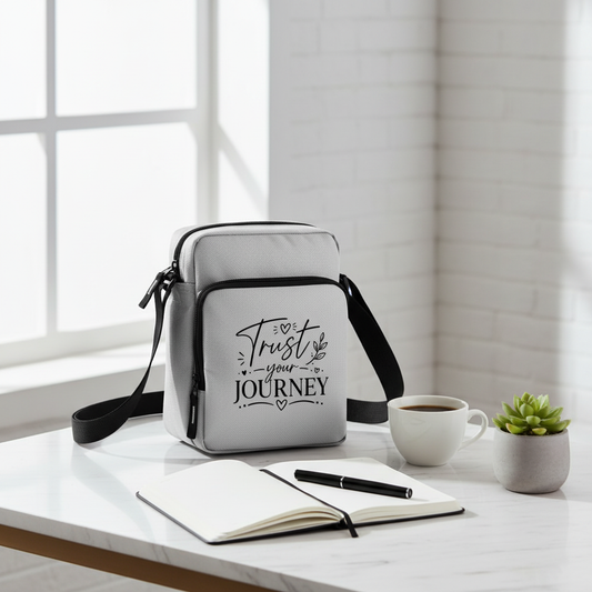 Lightgraue schultertasche trust your journey mit schwarzem reißverschluss und verstellbarem riemen und eleganter schriftgestaltung