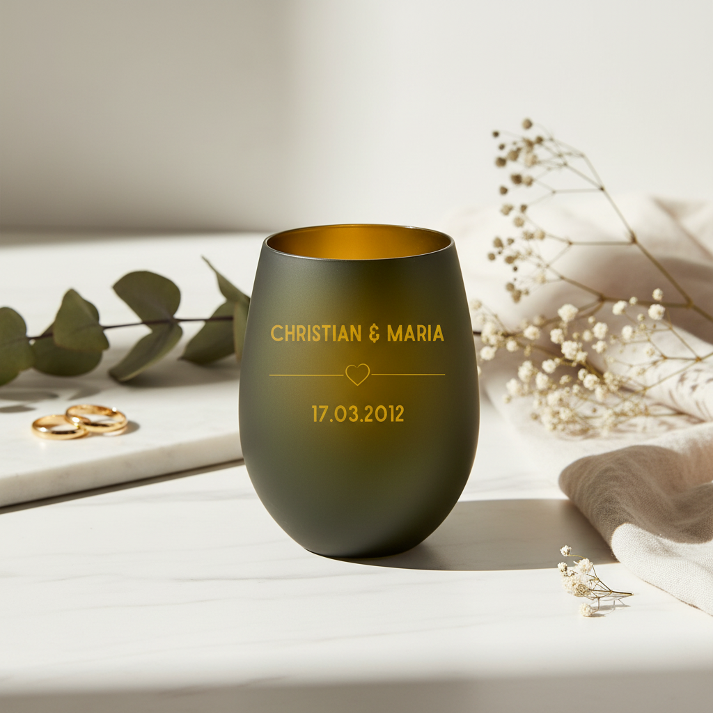 Olivegrünes stieloses weinglas mit gold innenraum und gravierten namen und datum windlicht schwarz-gold deko-licht und geschenk