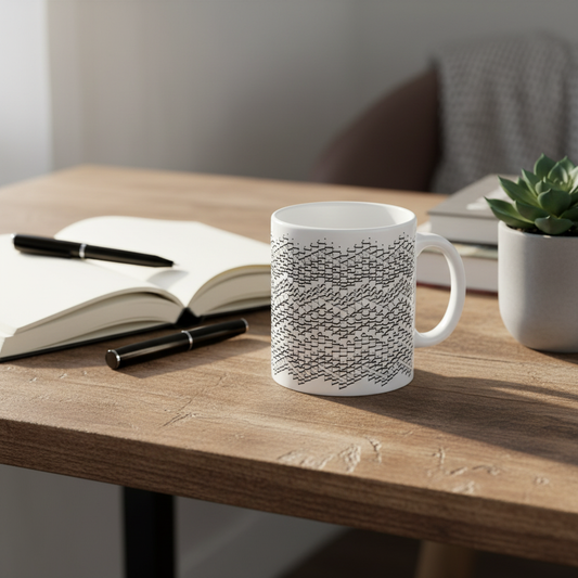 Weiße keramiktasse mit schwarzem geometrischem muster und motivationstext wake up kick ass repeat als humorvolles geschenk
