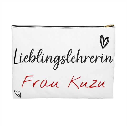 Weiße leinwand kosmetiktasche mit reißverschluss und schwarzem sowie rotem schriftzug lieblingslehrerin frau kuzu mit herzmotive