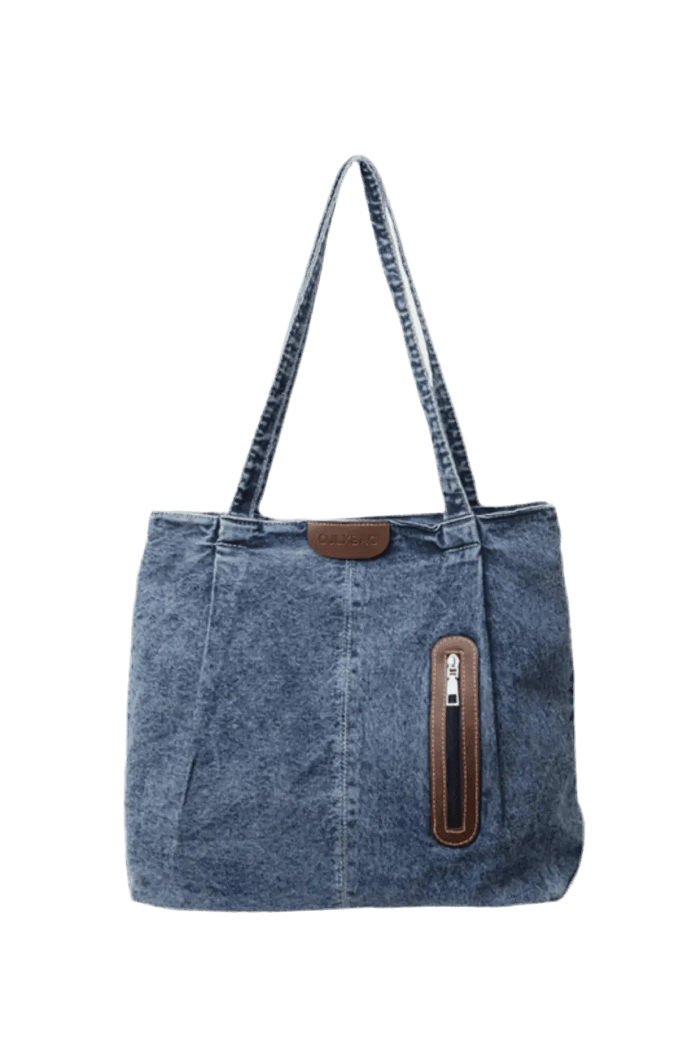 Die flyliving Handtasche „Blue Jeans“, mittelgroß, für Damen verfügt über zwei Schultergurte, eine vertikale Naht vorne, einen braunen Lederaufnäher mit Reißverschlusstasche und ein kleines braunes Etikett oben – ideal für lässige Tage.