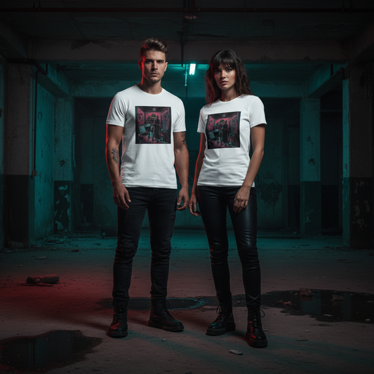 Weißes unisex bio-baumwoll t-shirt mit quadratischem pink-schwarzem künstler-motiv für individualisten