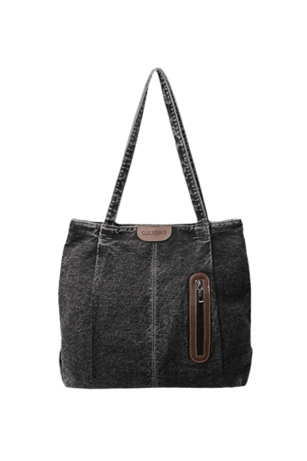 Die mittelgroße Handtasche „Blue Jeans“ von flyliving für Frauen besteht aus dunkelgrauem Denim, hat zwei Tragegriffe, eine braune Reißverschlusstasche aus Leder auf der Vorderseite und ein kleines braunes Etikett – perfekt für legere Ausflüge.