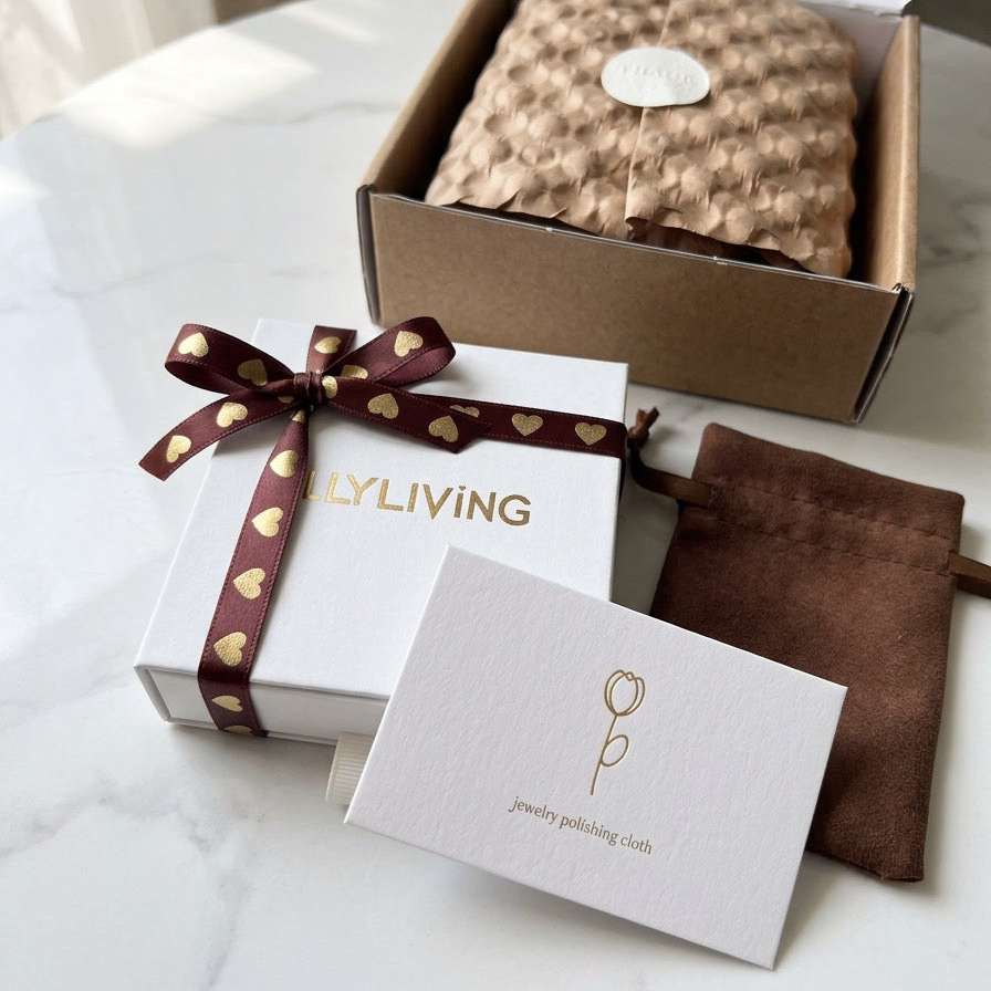 Bild der Schmuckverpackung. Putztuch, Verpackung mit Schleife und Umverpackung