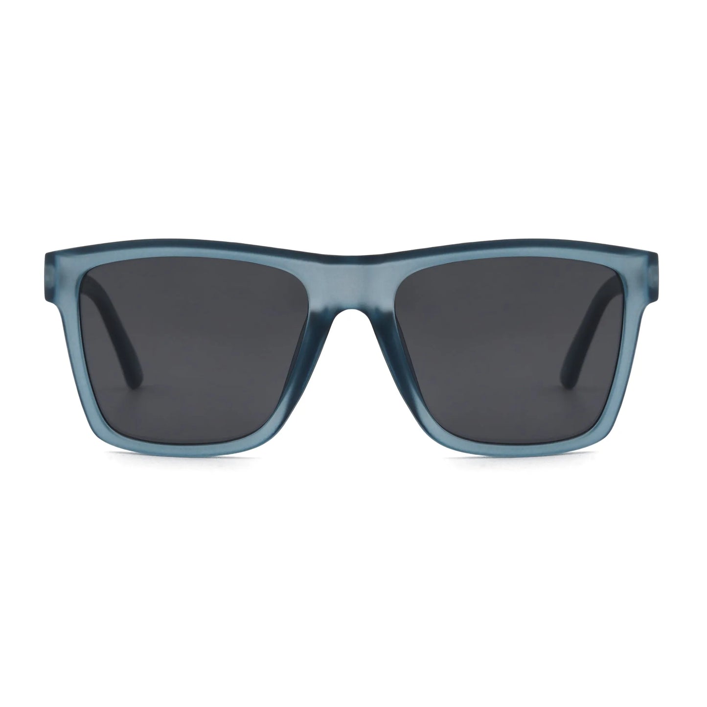 Vorderansicht der Sonnenbrille Breezy Blue Hanukeii von INDICOM BRANDS SL in Blau, mit dickem Rahmen und UV400-geschützten Polycarbonat-Gläsern, auf weißem Hintergrund.