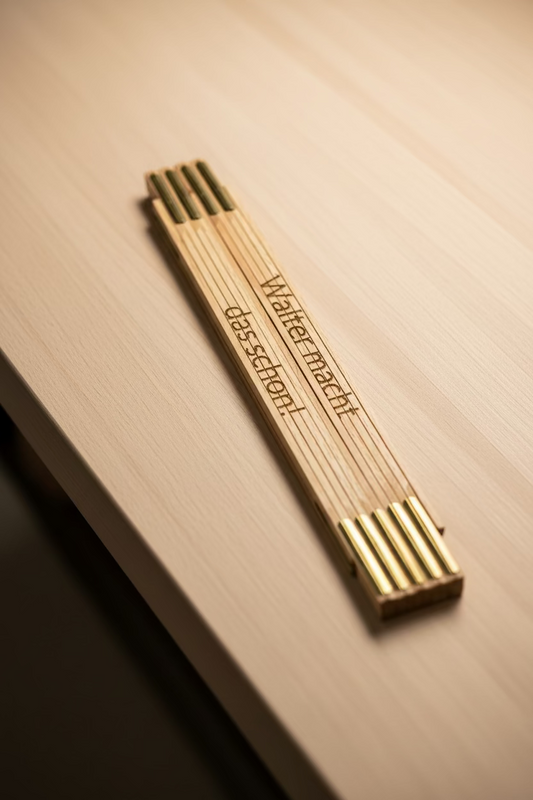 Wooden folding ruler by flyliving, personalized with "Walter macht das schon!" engraved, featuring brass hinges, lying diagonally on a light wood surface.