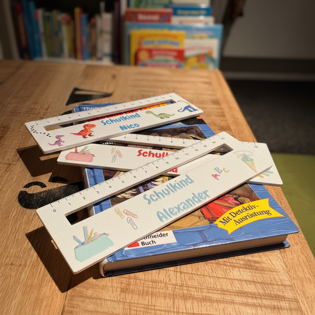 Weißes personalisiertes leselineal mit 3 mm dicke und bunten dinosaurier- und schulmotiven für kinder namens nico und alexander