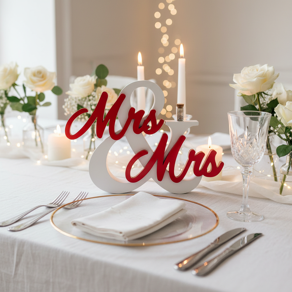 Weiß-rotes mrs & mrs hochzeitsgeschenk aus pla mit modernem ausschnitt für tischdekoration