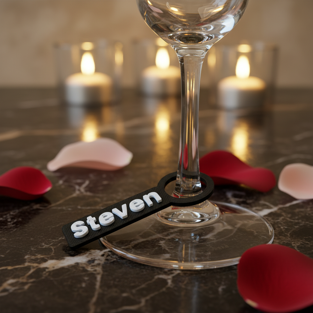 Schwarzer weinglasanhänger aus kunststoff mit weiß erhabener schrift steven am fuß eines klaren stielglases