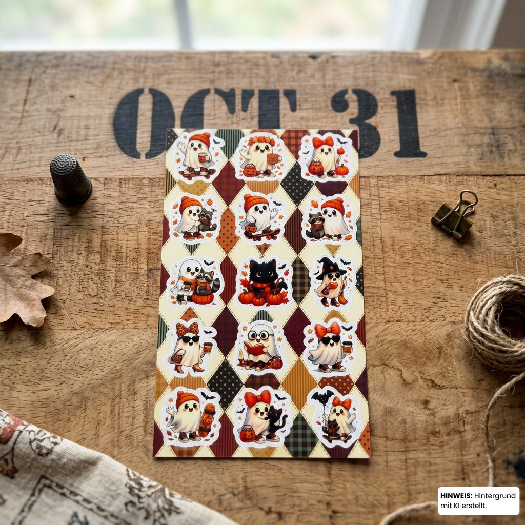 Halloween Sticker-Bogen „Kleine Gespenster“ – Stimmungsbild auf Holz (Hintergrund mit KI erstellt)