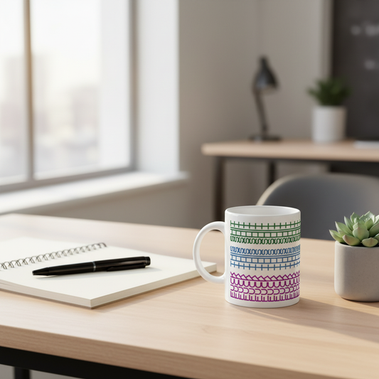 Weißer keramikbecher mit fünf bunten stickmustern in grün blau und lila lustige sarkastische bürotasse