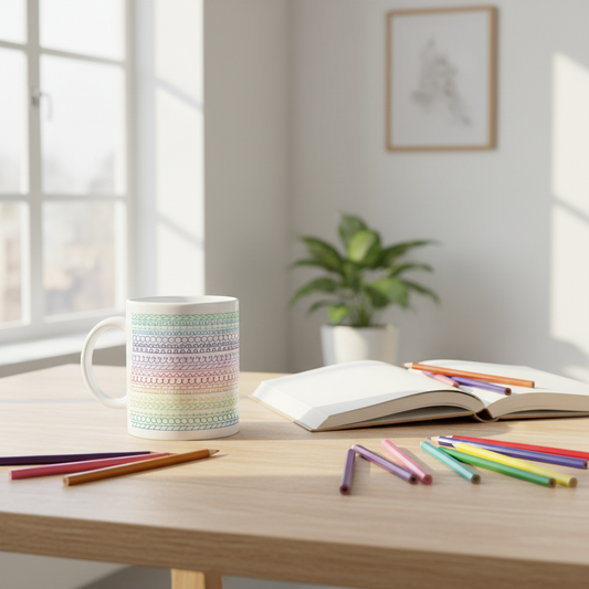 Weiße keramiktasse mit bunten geometrischen mustern und sarkastischer not my fucking problem botschaft