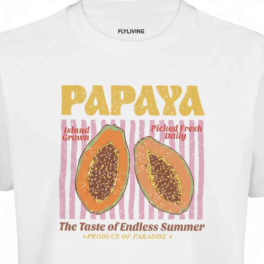 Weißes vintage fruit oversize t-shirt aus nachhaltiger bio-baumwolle mit papaya grafik und retro schriftzug auf rosa streifen