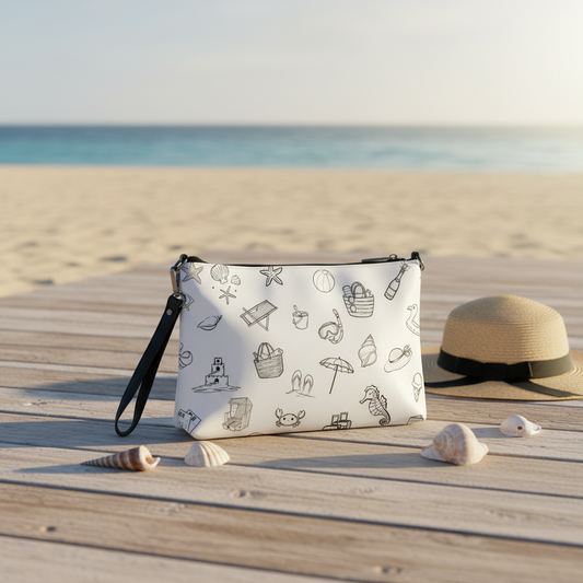 Weiße umhängetasche beach doodles mit schwarzen strandmotive zeichnungen aus leichtem, glattem stoff