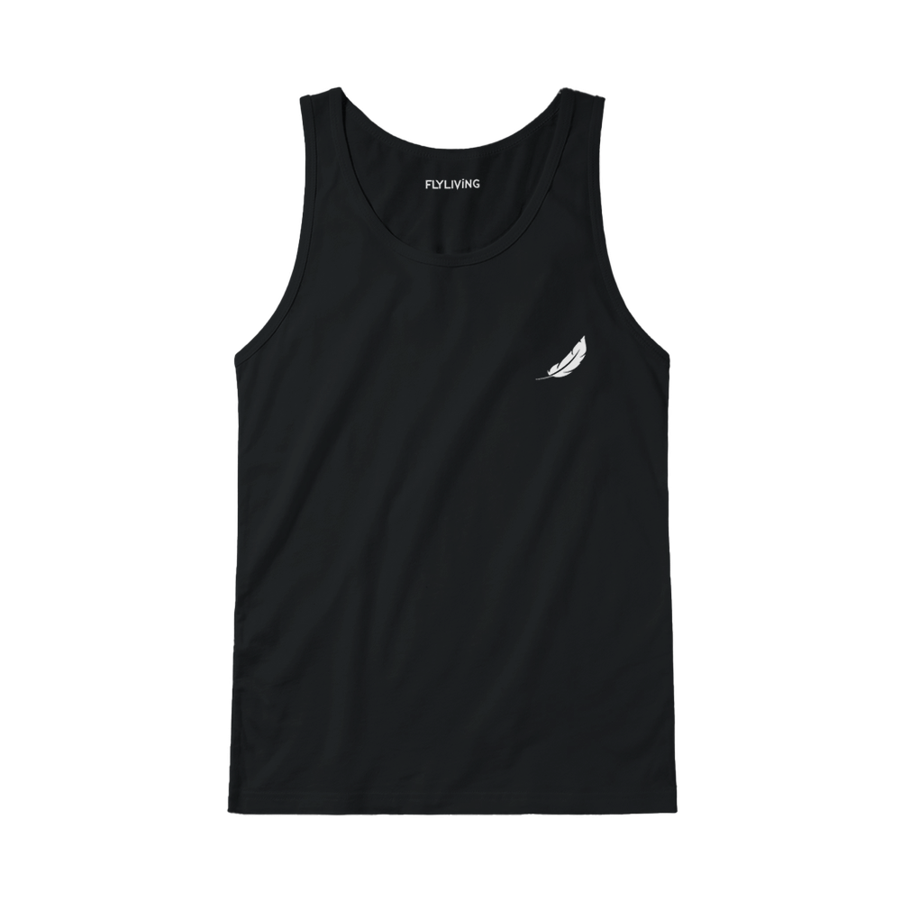 Schwarzes retro comic unisex tank-top aus baumwolle mit kleinem weißem federlogo auf der brust und sarkastischem design