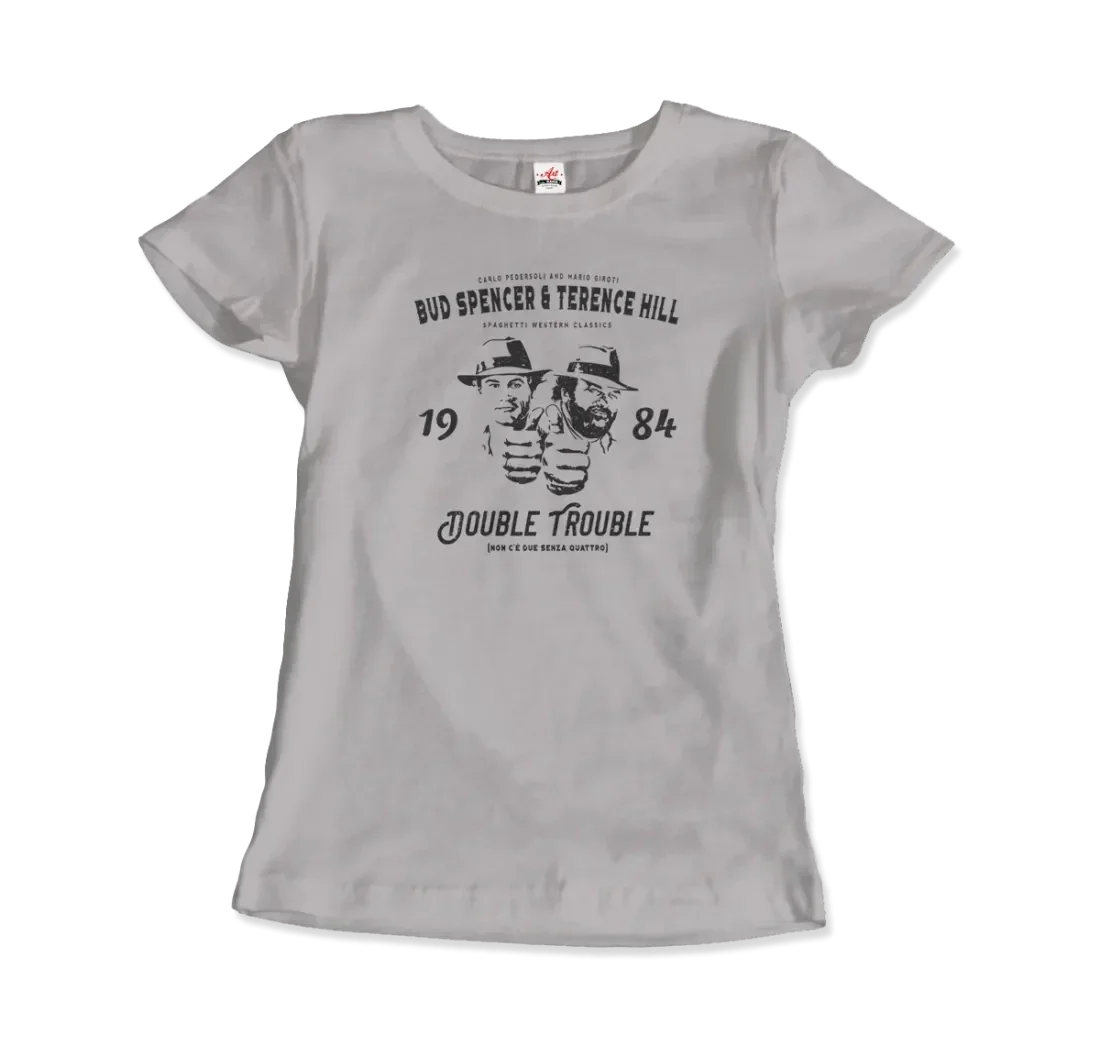 Weißes Double Trouble T-Shirt mit Bud Spencer & Terence Hill Print für Damen. Kultshirt aus 100% Baumwolle, Oeko-Tex zertifiziert.
