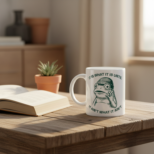 Weiße keramiktasse mit grüner froschillustration und spruch it is what it is bis it ain’t what it ain’t, ideal fürs büro und zuhause