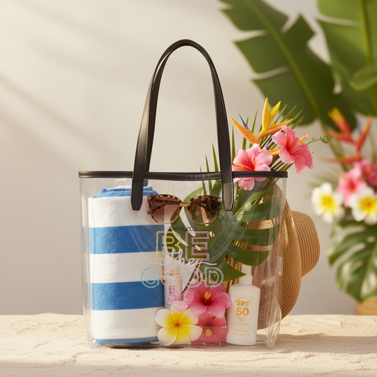 Tragetasche be the good durchsichtige plastik strandtasche mit schwarzen griffen und blau weiß gestreiftem handtuch