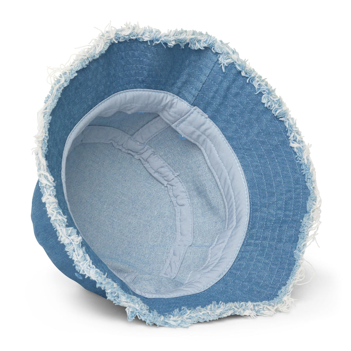 Ausgefranster Jeans-Fischerhut in Light Denim, Innenansicht mit hellem Futter und ausgefranstem Rand