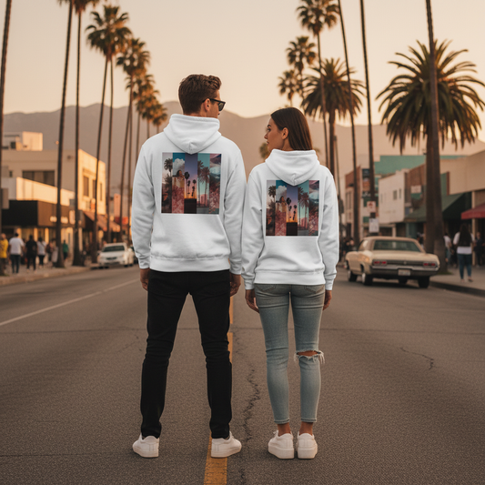 Weißer premium la vibes zip-up hoodie mit kapuze zeigt rückseite mit farbigem palmbaum und stadtbild grafik