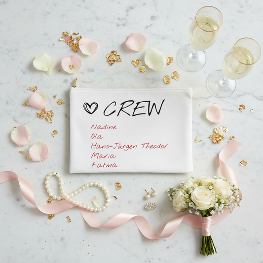 Weiße kosmetiktasche mit schwarzem crew schriftzug und rotem herz sowie handgeschriebenen namen personalisierte tasche für jga und hochzeit