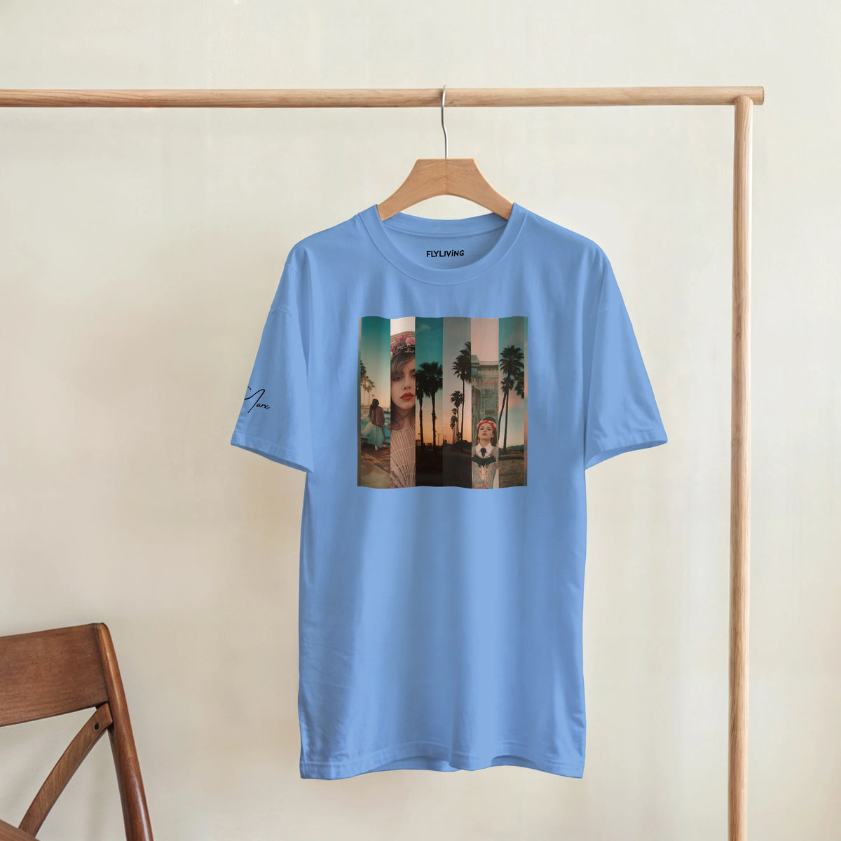 La sentimental heavyweight t-shirt in hellblau mit rechteckigem palmbaum- und porträtprint auf hochwertigem streetwear-basic