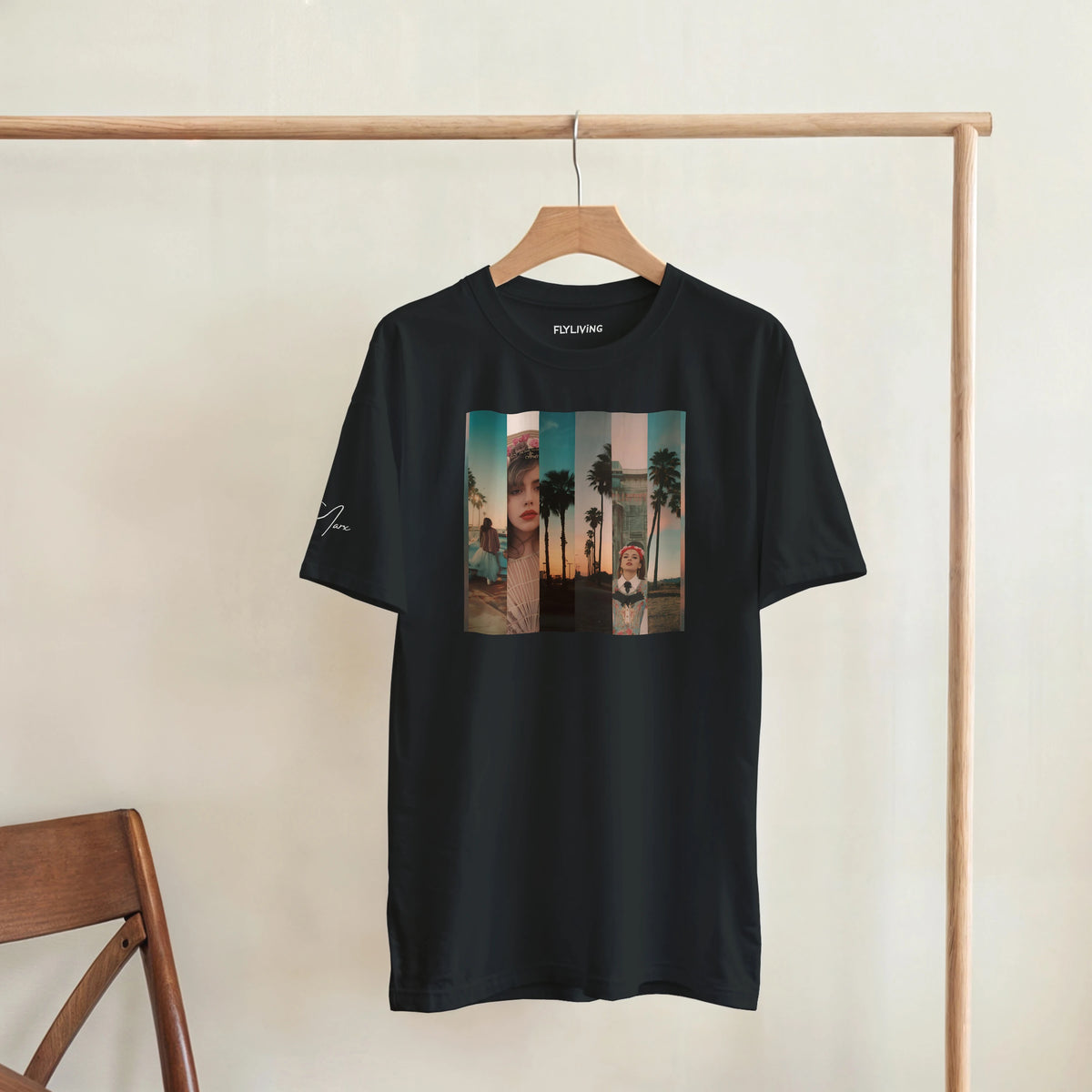 Schwarzes la sentimental heavyweight t-shirt mit buntem fotoaufdruck zwei frauen palmen sonnenuntergang flylving logo