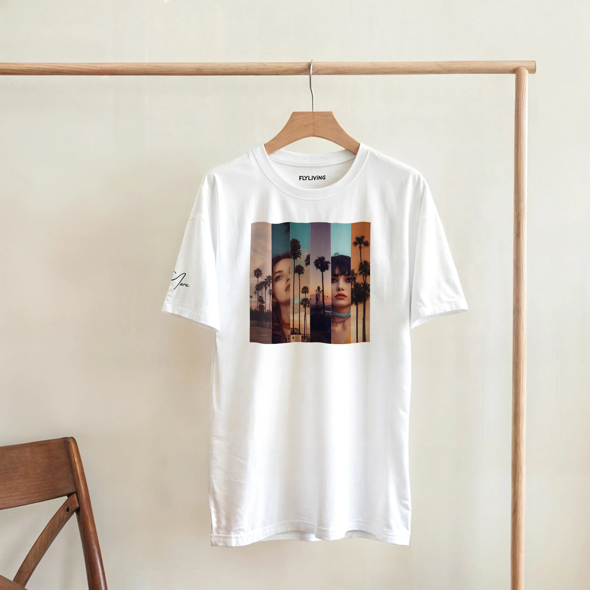 Weißes cotton t-shirt la sentimental heavyweight mit farbigem print zweier frauen und palmen vor verlaufshimmel