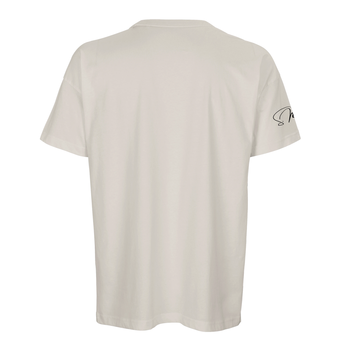 Cremefarbiges oversized streetwear baumwoll t-shirt mit subtilen schwarzem logo auf dem linken ärmel