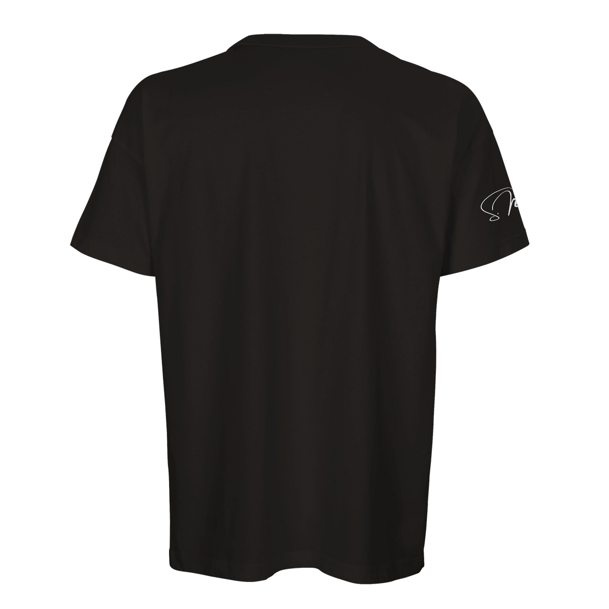 Schwarzes oversized streetwear t shirt mit einem dezenten weißen logo am linken ärmel front oder backprint