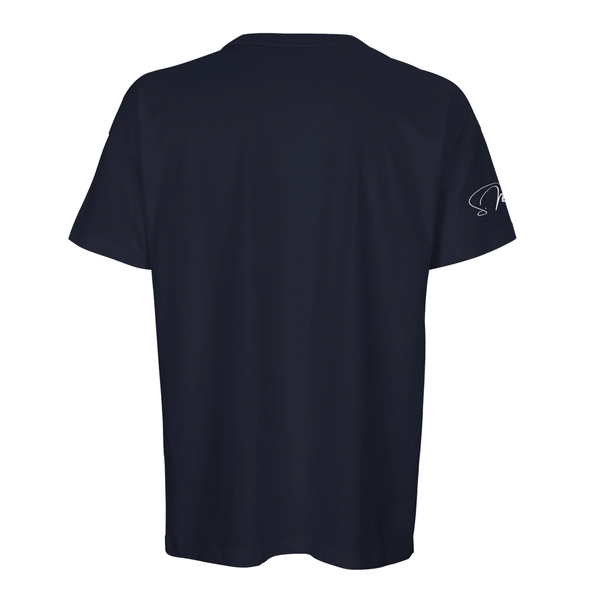 Dunkelblaues oversized streetwear t-shirt mit kurzem ärmel und dezentem weißem logo auf dem linken ärmel