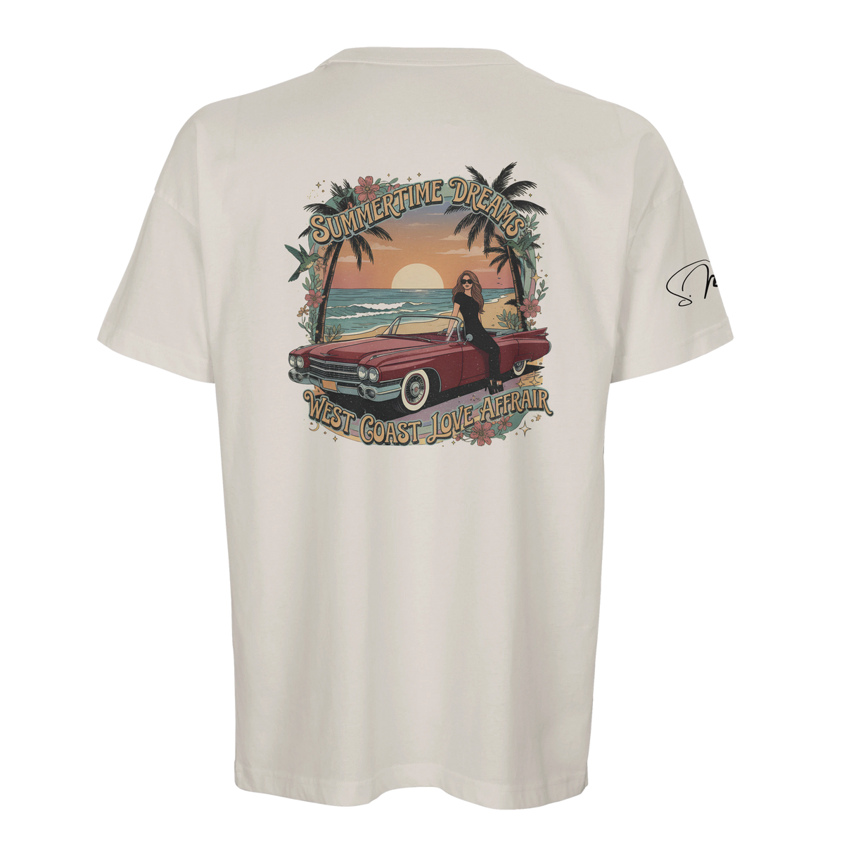 Cremefarbenes oversized streetwear t-shirt aus baumwolle mit vintage grafik rotem cabrio palm trees und schrift summertime dreams west coast love affair